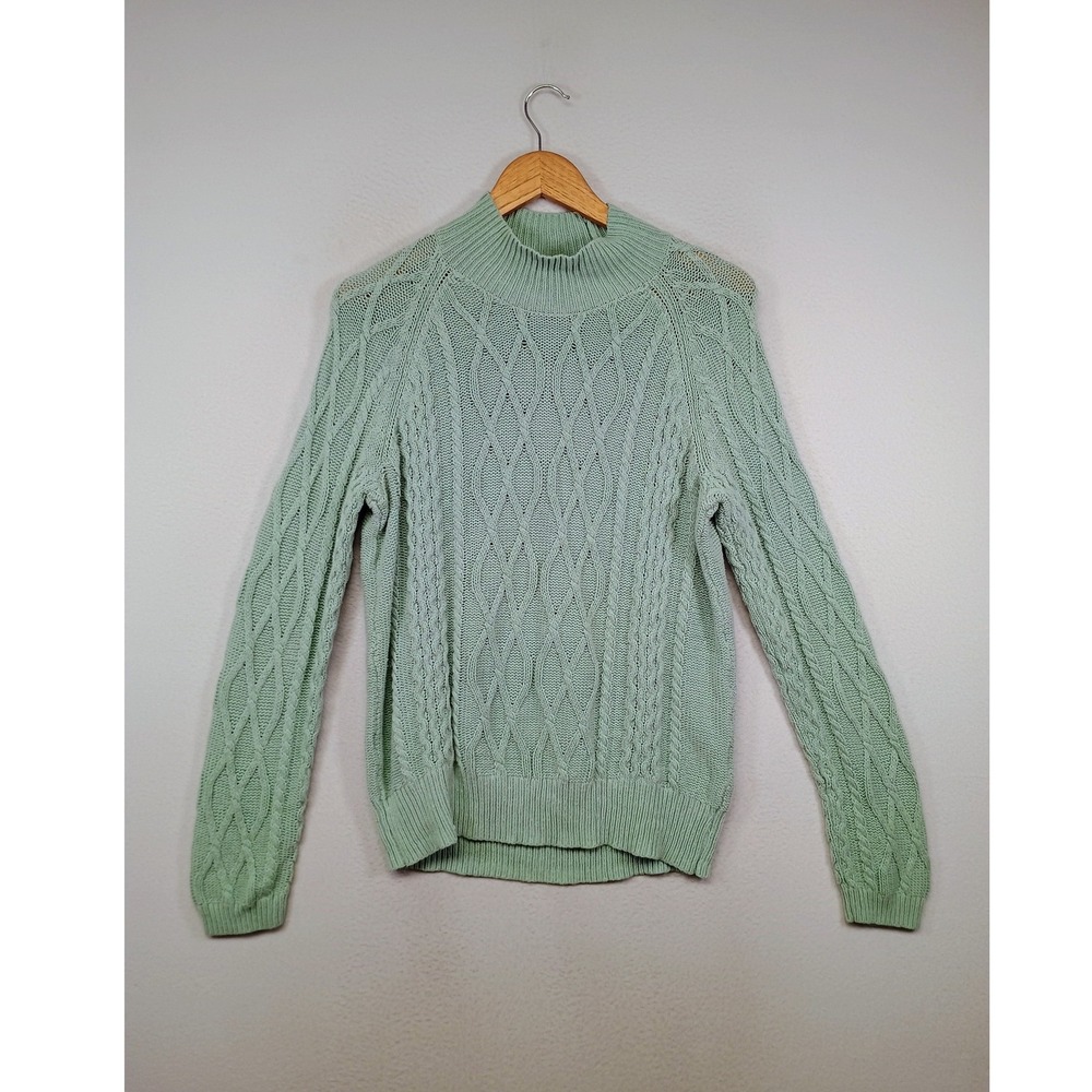 Cottagecore Preswick‎ & Moore Womens Med Sage Green Cable Knit Mock Neck Sweater